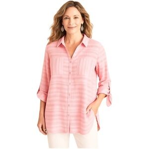 CHICO’S Bright Pink Striped Oversized 2-Pocket Button-Tab Sleeve Top